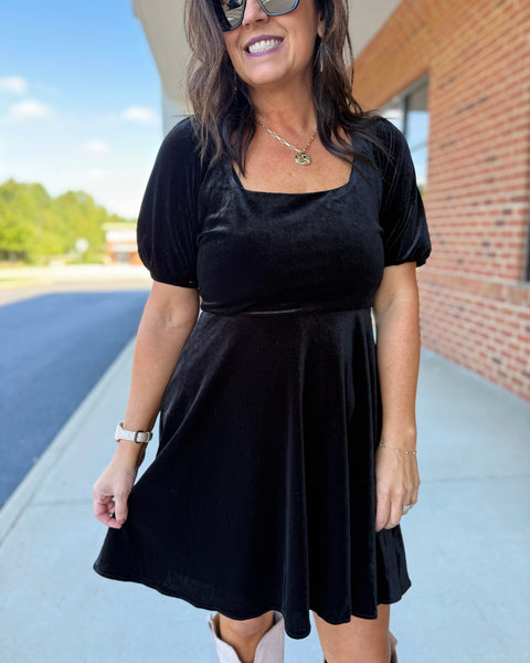 Kasen Satin Velvet Dress in Black