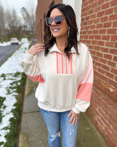 Caroline Colorblock Sweatshirt in Ecru/Coral