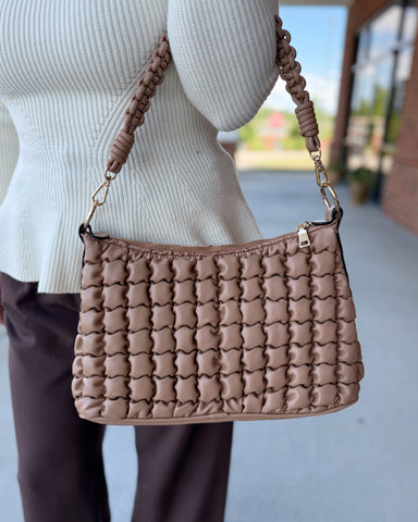 Jacqueline Puffer Shoulder Bag w/ Macrame Strap in Tan