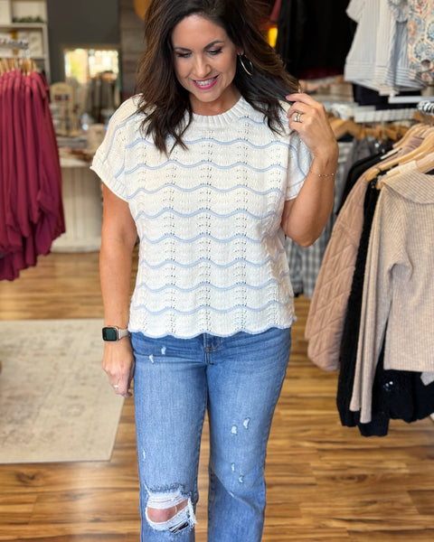 Ella Scallop Knit Sweater in Blue