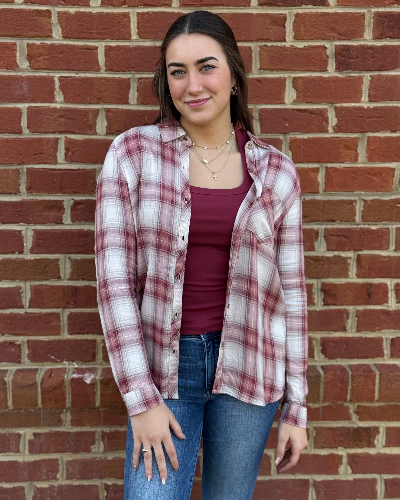 Dallas Plaid Button Up in Wine