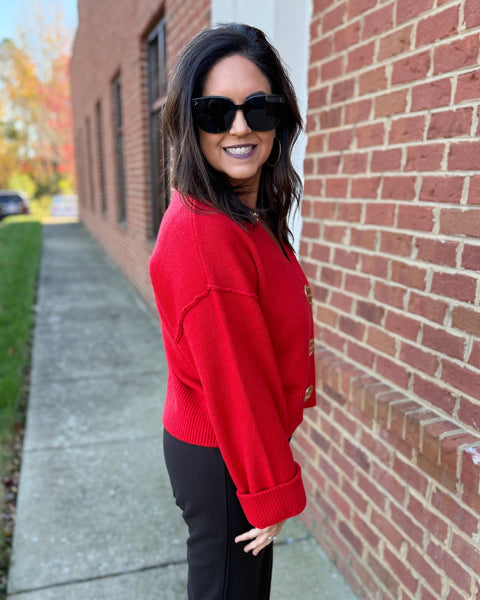 Claire Button Up Cardigan in Red
