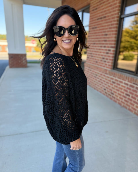 Addison Boat Neck Crochet Sweater in Black