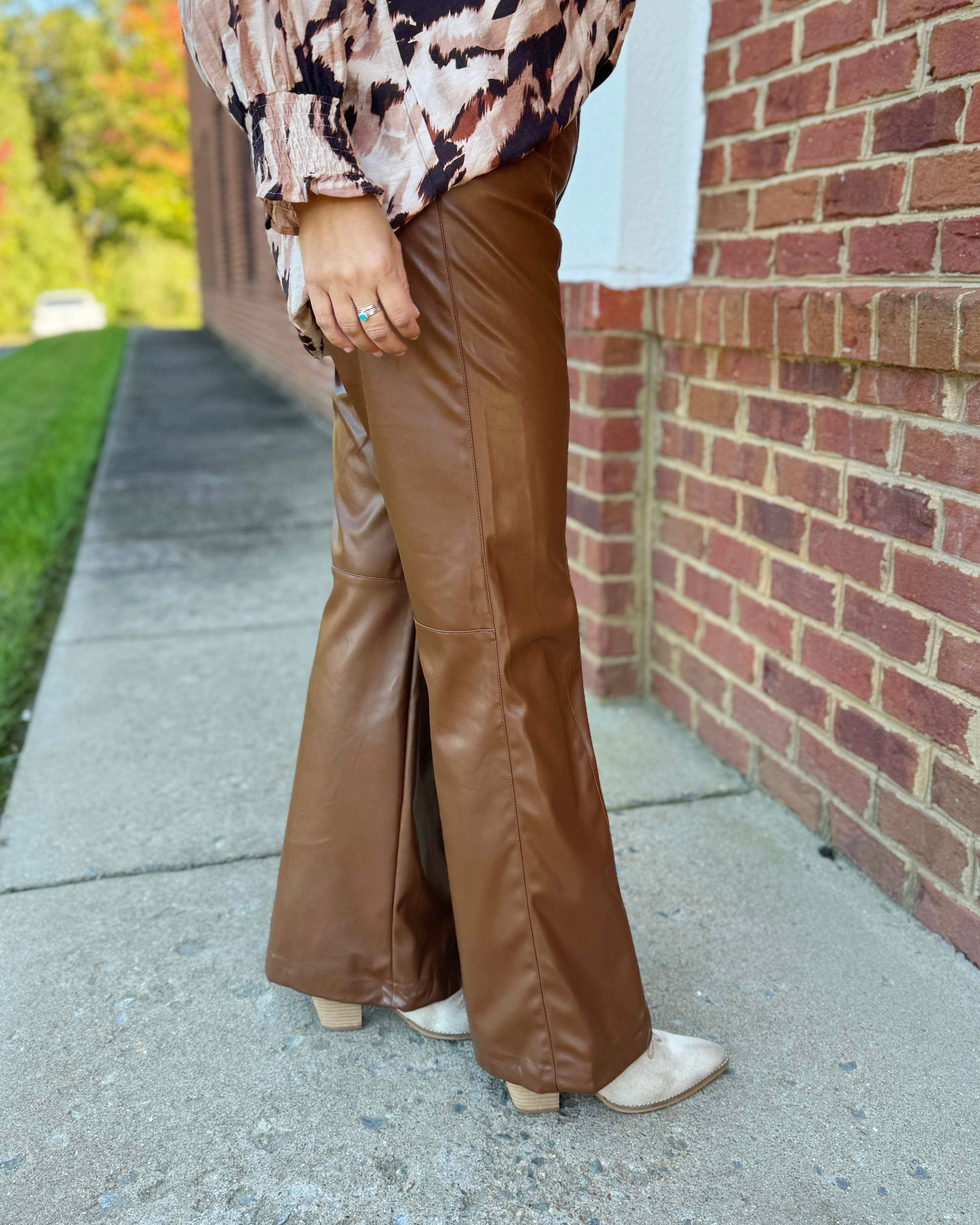Naomi Faux Leather Flare Pants in Brown FINAL SALE – Madi Savvy