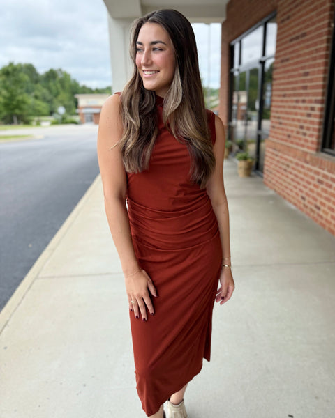 Tristan Draped Mock Neck Dress in Rust FINAL SALE
