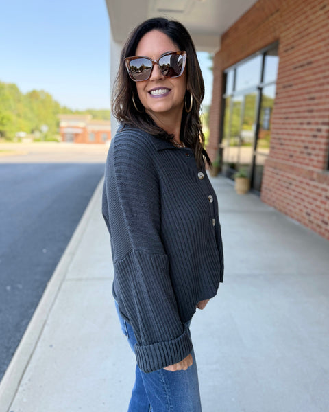 Trisha Collared Button Up Sweater Top in Navy FINAL SALE