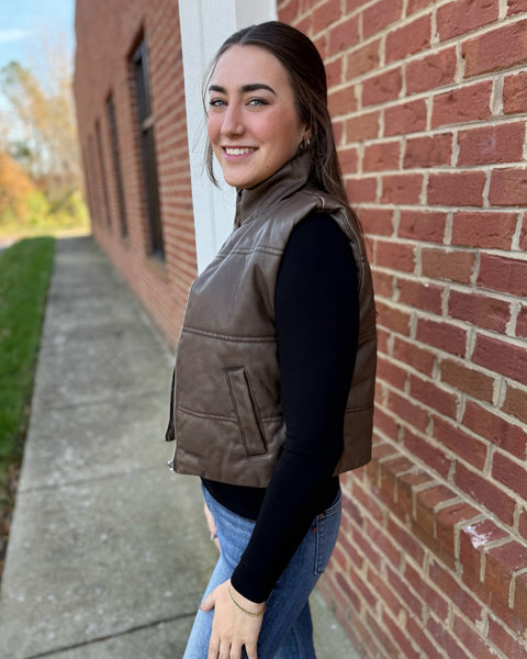 Danielle Faux Leather Puffer Vest in Brown