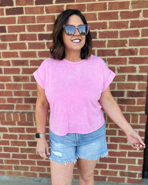 Reagan Washed Cotton Tee in Candy Pink