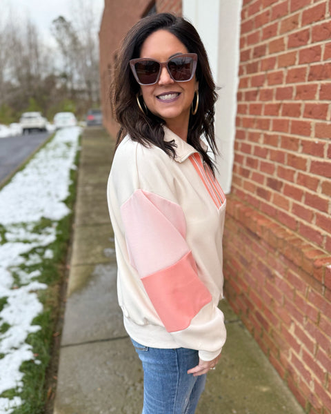 Caroline Colorblock Sweatshirt in Ecru/Coral