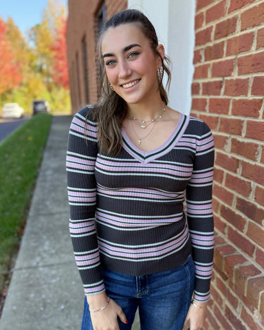 Reba Ribbed Stripe Top in Slate