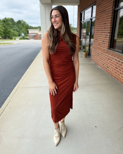 Tristan Draped Mock Neck Dress in Rust FINAL SALE