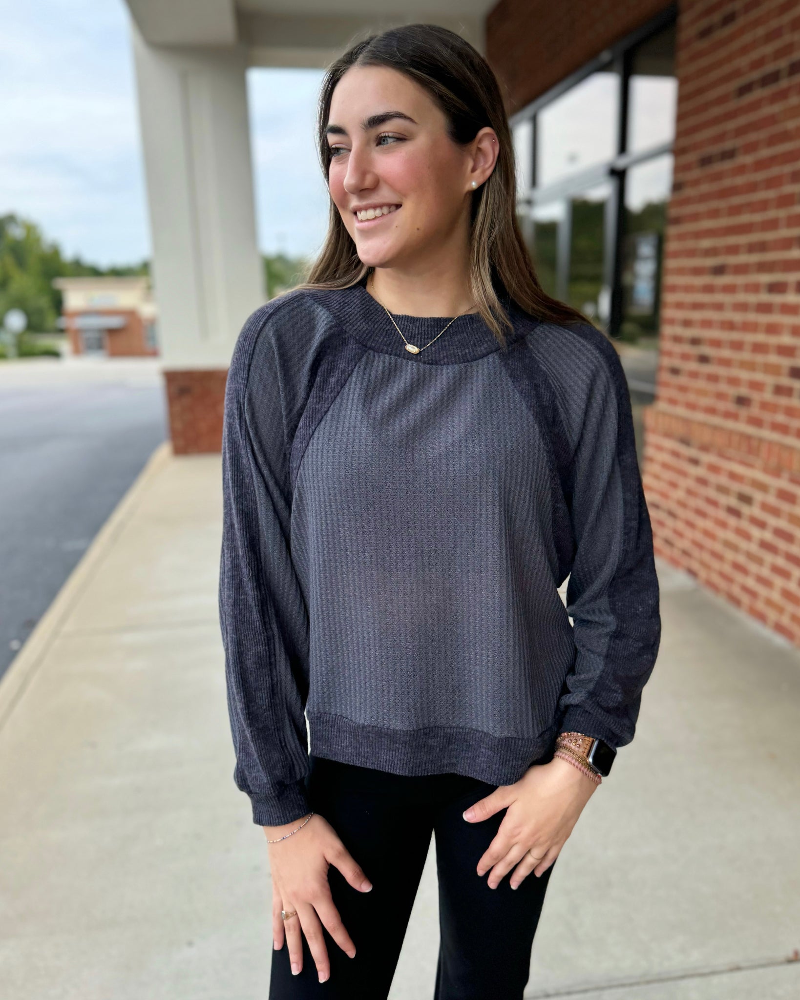 Olivia REG/CURVY Waffle Knit Top in Charcoal