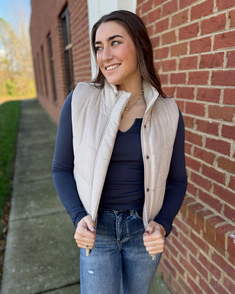 Drew Suede Puffer Vest in Beige