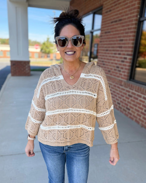 Tiana Crochet Stripe Sweater in Taupe/Cream FINAL SALE