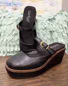 Corkys Me Time Wedge in black. Retro-style, closed-toe platform shoe.