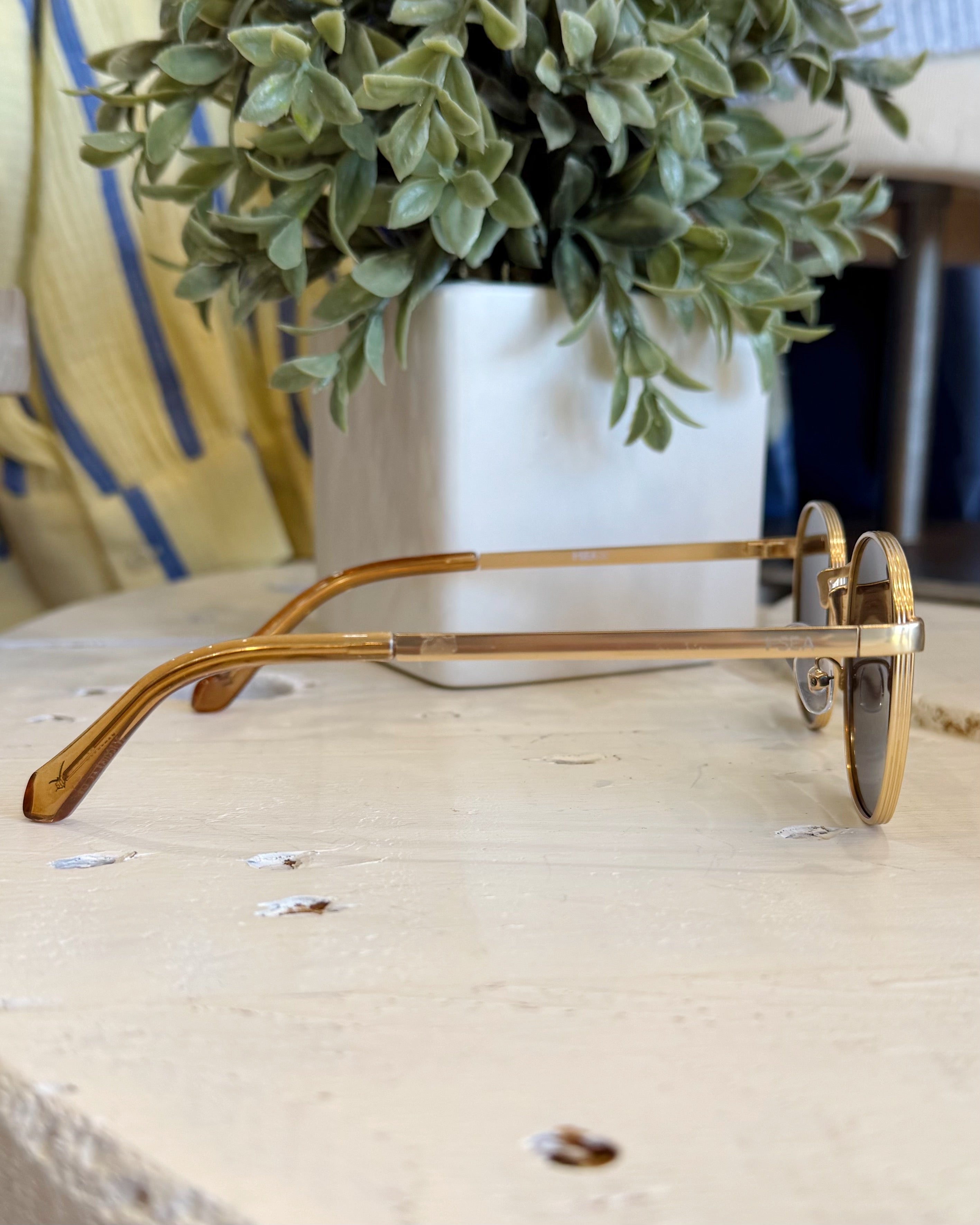 Gold-framed sunglasses on a wooden surface with a plant in the background