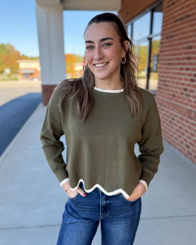 Bianca Scallop Hem Sweater in Olive/Cream