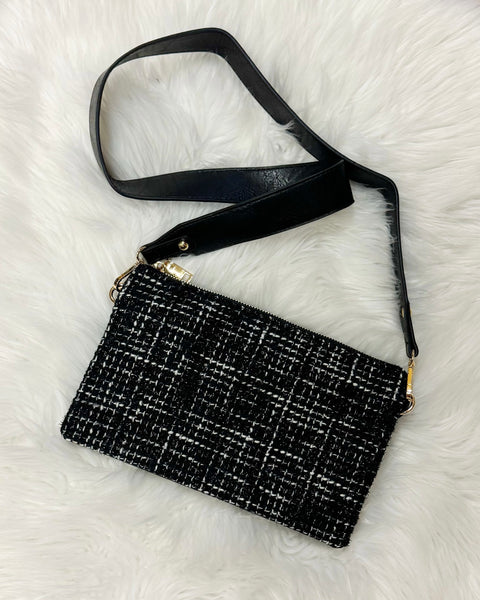 Izzy Crossbody in Black Tweed w/ Guitar Strap