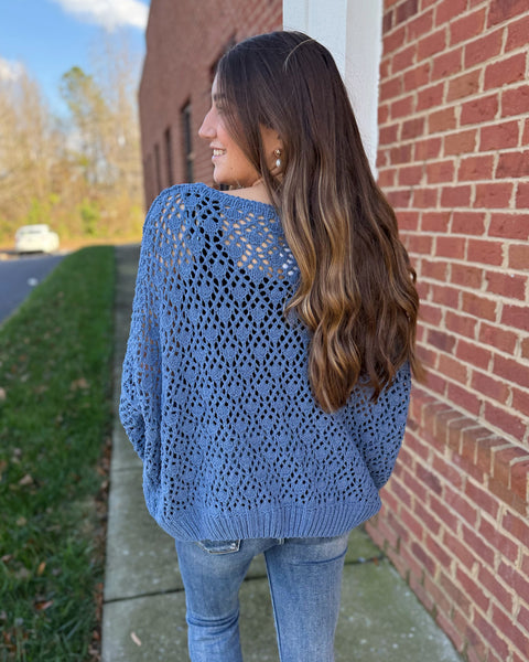 Addison Boat Neck Crochet Sweater in Denim