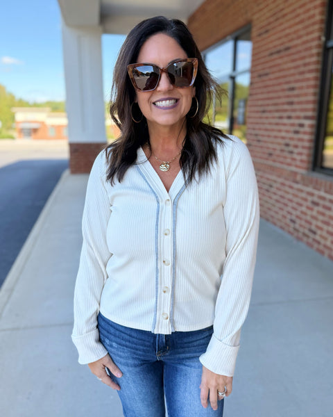 Vera Button Up Knit Top in Ecru/Grey FINAL SALE