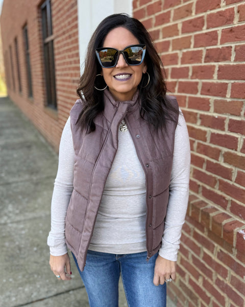 Drew Suede Puffer Vest in Cocoa