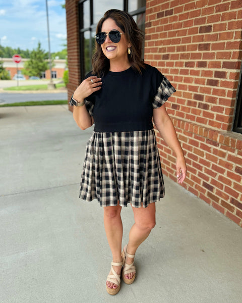 Kenna Plaid Twofer Dress in Black