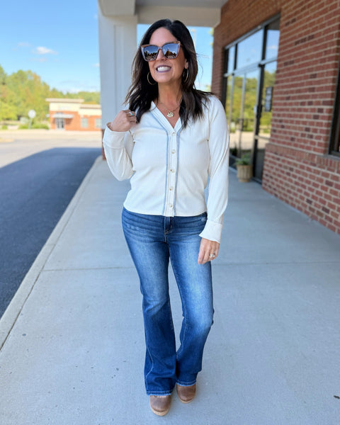 Vera Button Up Knit Top in Ecru/Grey FINAL SALE