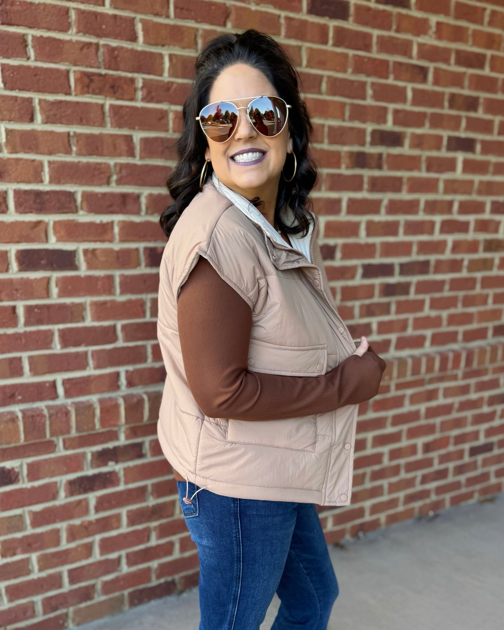 Maddox CURVY Reversible Puffer Vest in Tan/Ivory FINAL SALE, Madi