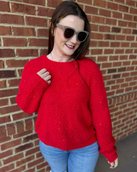 Brooke Sequin Popcorn Sweater in Red