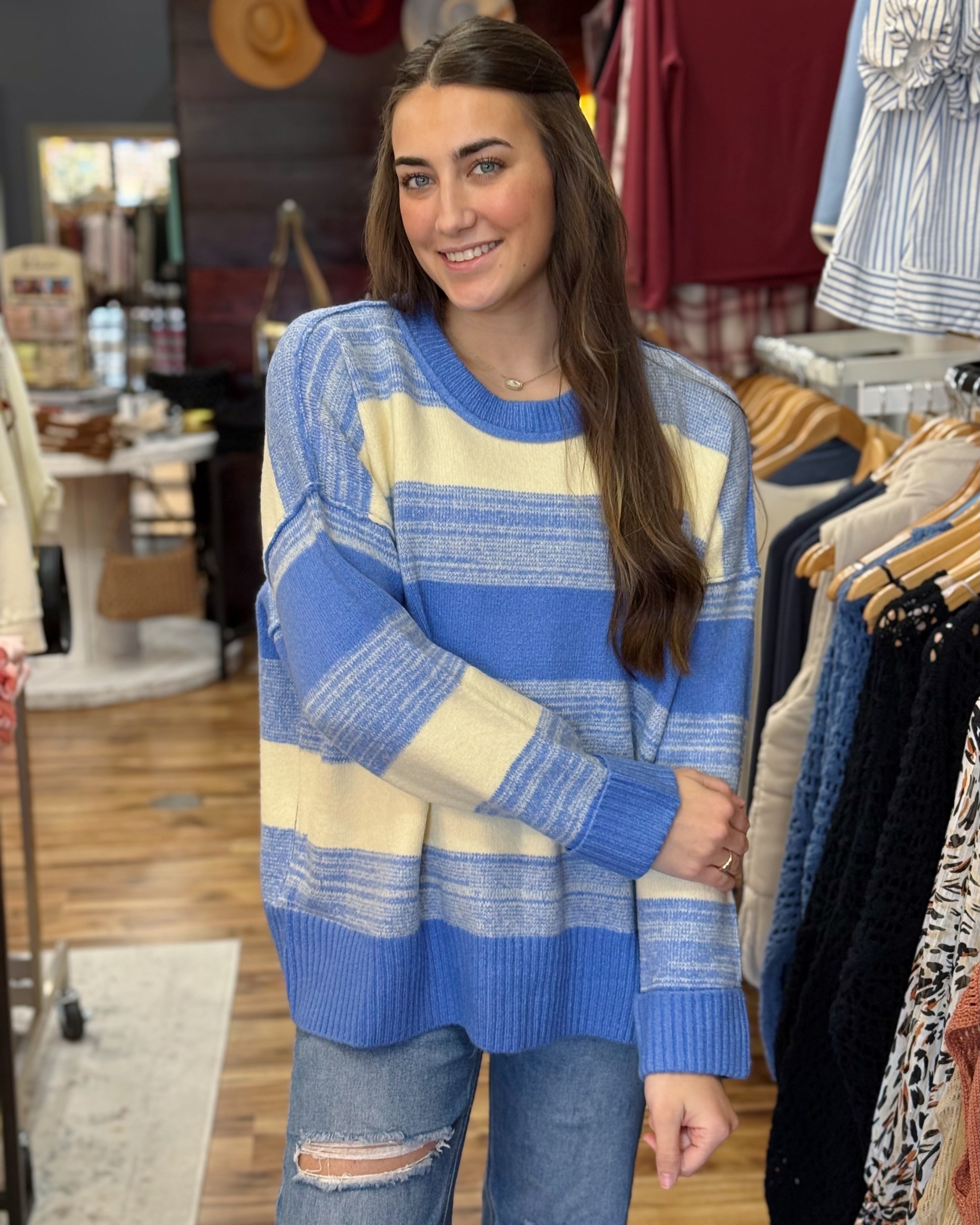 ニット+セーター Bibiy. Cassie tulle collar striped knit Cassie Stripe Sweater in Blue FINAL SALE – Madi Savvy Boutique