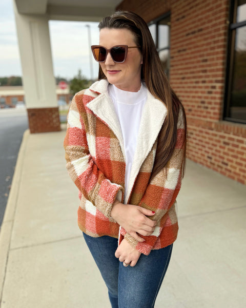 Fallon Faux Fur Plaid Jacket in Rust/Taupe