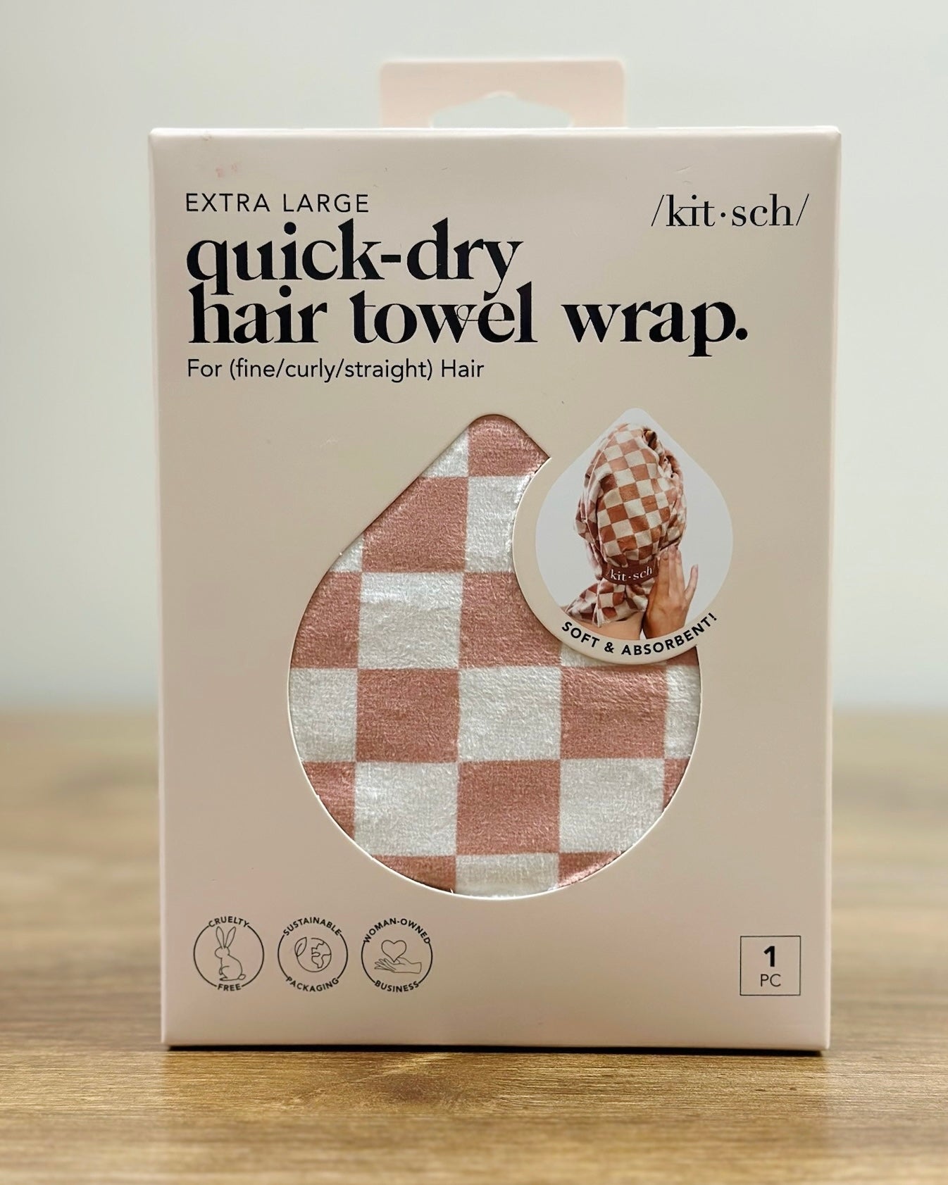 Kitsch Extra Large Quick-Dry Hair Towel Wrap- Terracotta Checker