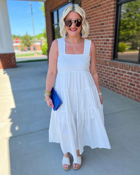 Madelyn Tiered Midi Dress in Off White