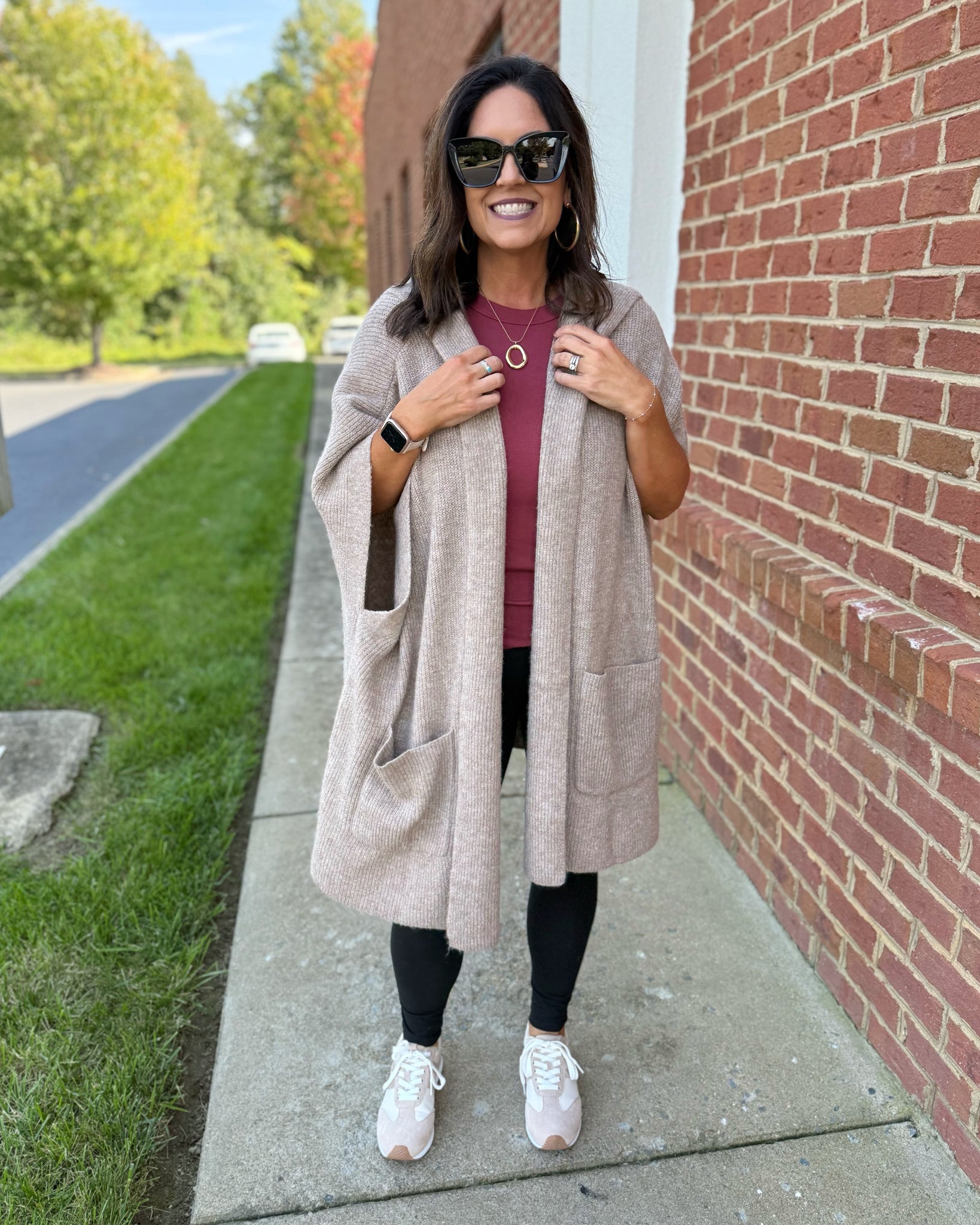 Iris Hooded Sweater Poncho in Taupe