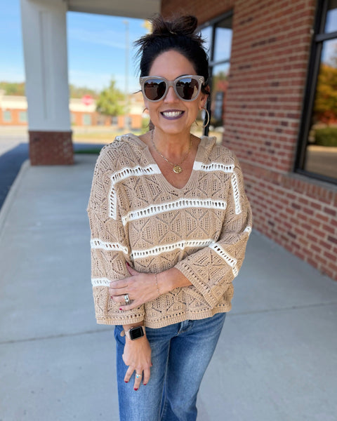 Tiana Crochet Stripe Sweater in Taupe/Cream FINAL SALE