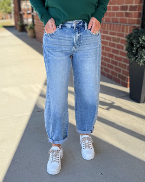 Risen High Rise Medium Wash Barrel Jeans