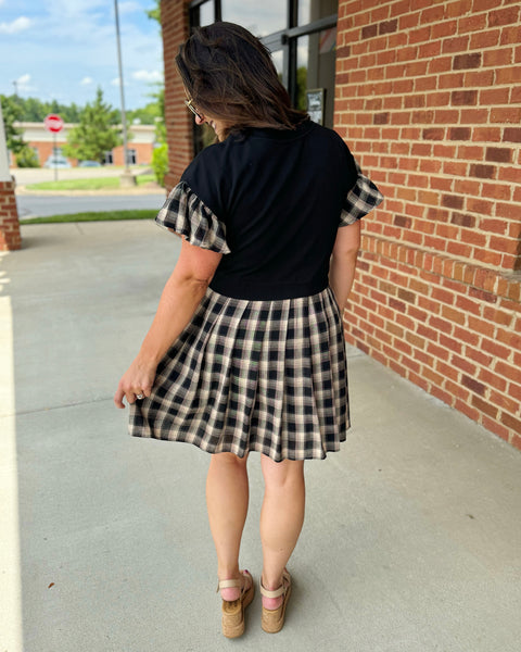 Kenna Plaid Twofer Dress in Black