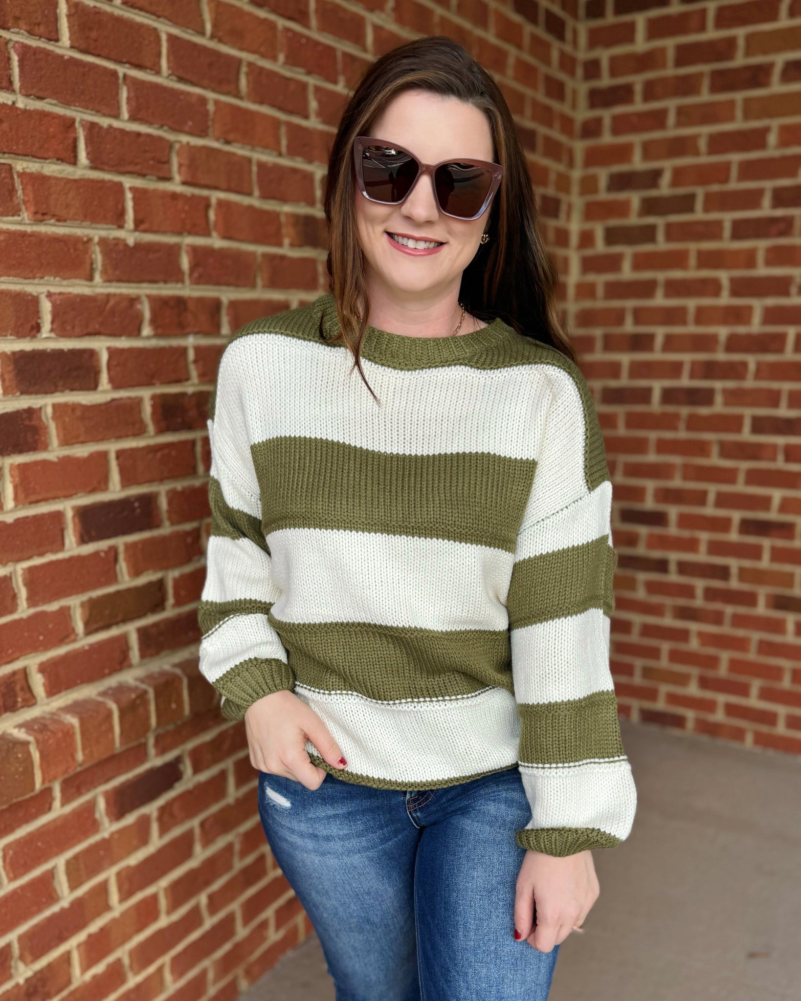 Kadie REG/CURVY Stripe Knit Sweater in Olive