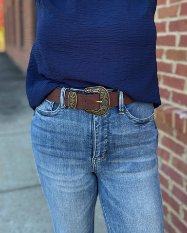 Suede Antique Gold Western Buckle Belt in Brown