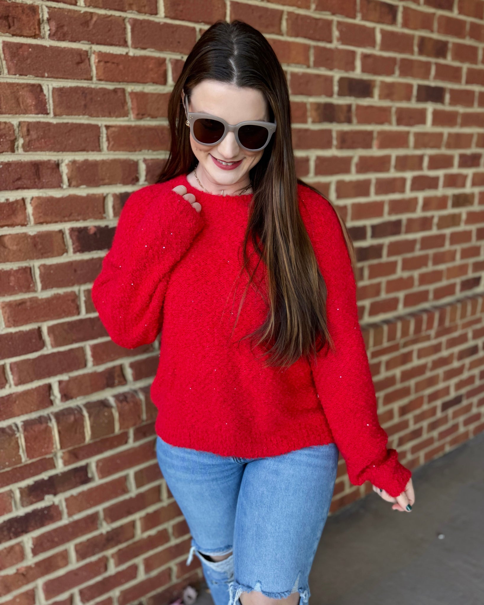 Brooke Sequin Popcorn Sweater in Red