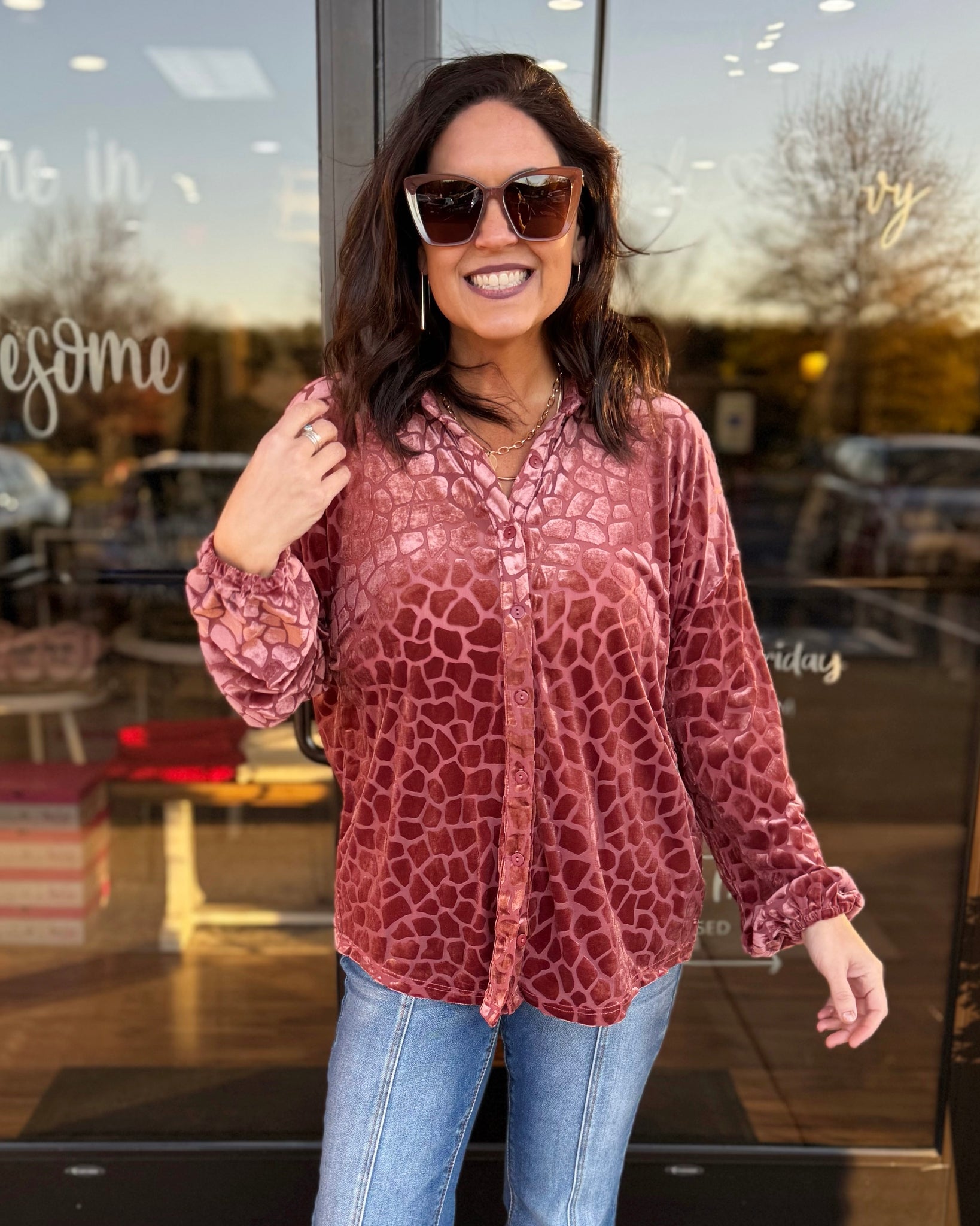 Oakley REG/CURVY Burnout Velvet Blouse in Rosewood