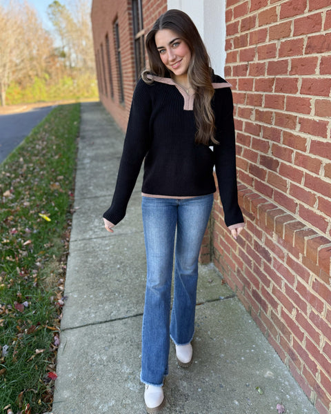 Nia Contrast Detail Sweater in Black