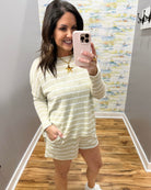 woman wearing taupe stripe loungewear set