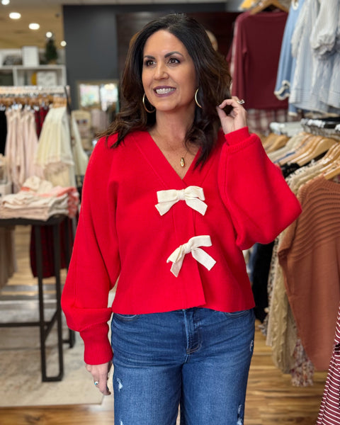 Scarlett Bow Cardigan in Red