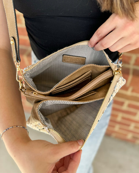 Izzy Crossbody in Khaki Tweed w/ Guitar Strap