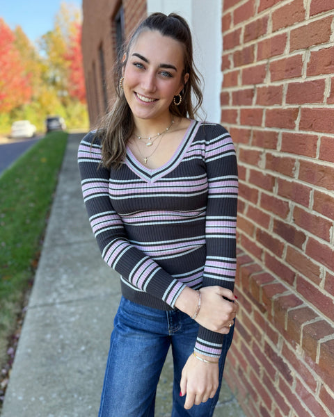 Reba Ribbed Stripe Top in Slate