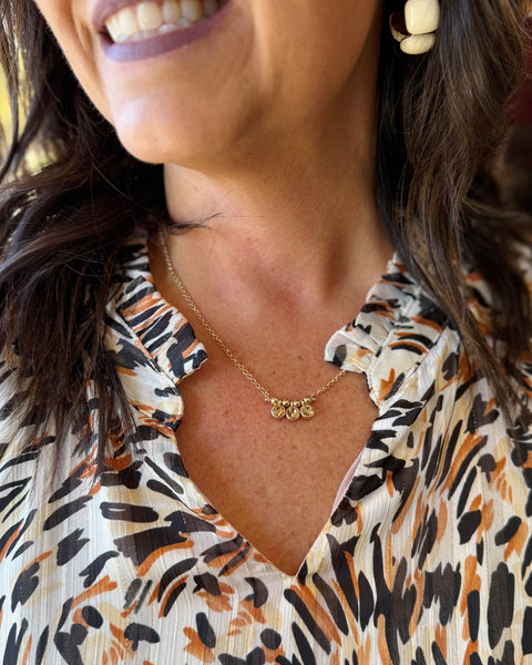 Dainty Brown Crystal Bezel Necklace with Golden Ball Beads