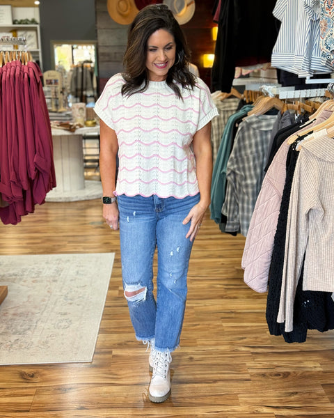 Ella Scallop Knit Sweater in Pink