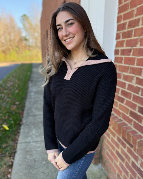 Nia Contrast Detail Sweater in Black