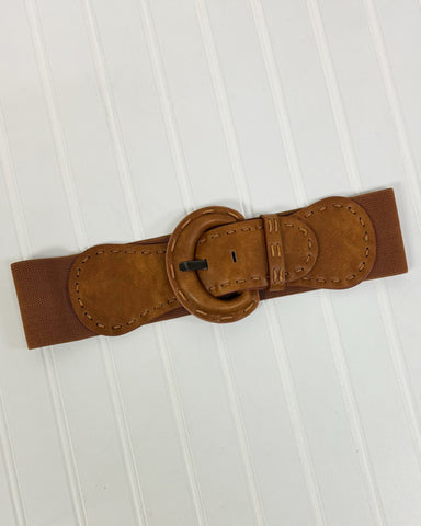 Distressed Wide Stitch Elastic Belt in Camel